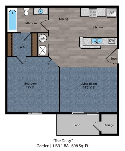 Floor plan for 1 bed, 1 bath, 906 sqft